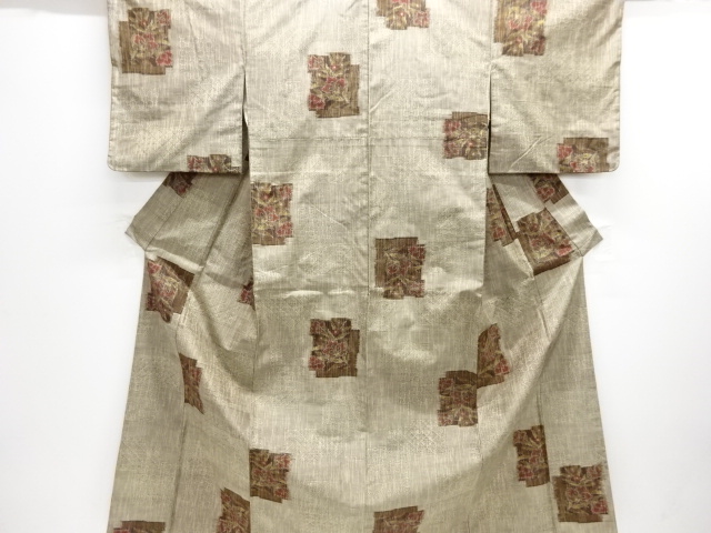 アンティーク　色紙に花模様織り出し手織り紬着物